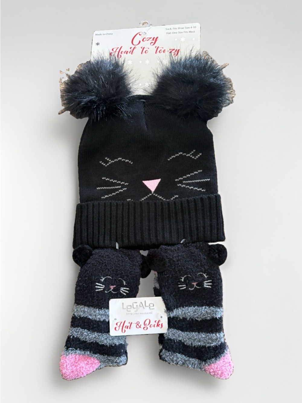 LeGale Cat Hat & Socks Set Black Pink Pom Pom Beanie Cozy Winter New